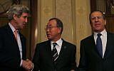 United States Secretary of State John Kerry, left, UN Secretary-General Ban Ki-moon and Russia's Foreign Minister Sergey Lavrov, right, join hands after their tri-lateral meeting on ending the crisis in Syria in Montreux, Switzerland, Tuesday, Jan. 21, 2014. (photo credit: AP/Gary Cameron, Pool)