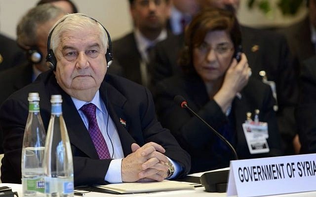 Syrian Foreign Minister Walid Moallem attends the Geneva II peace talks on Syria in Montreux, Switzerland, on January 22, 2014. (photo credit: AP/Keystone/Martial Trezzini) Syrian Foreign Minister Walid Moallem attends the Geneva II peace talks on Syria in Montreux, Switzerland, on January 22, 2014. (photo credit: AP/Keystone/Martial Trezzini)