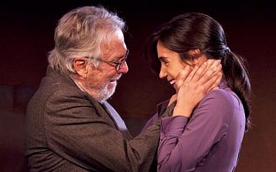 This March 22, 2012 photo shows Greg Mullavey, left, and Andi Potamkin in a scene from the New York City production during dress rehearsal of 'The Soap Myth,' by Jeff Cohen. (Richard Termine/National Jewish Theater)