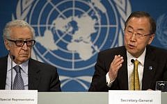 UN Special Representative Lakhdar Brahimi, left, and UN Secretary-General Ban Ki-moon at a joint press conference during the Syrian peace talks in Montreux, Switzerland, Wednesday, Jan. 22, 2014 (Photo credit: AP/Anja Niedringhaus)