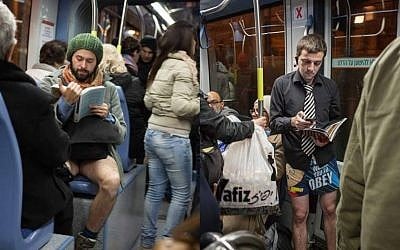 Balachsan (left) and Krassovsky (right) read nonchalantly as they ride the Jerusalem light rail pantless. (photo illustration. credit: Ailon Glitz)