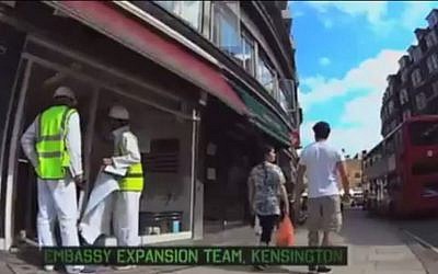 BBC 3 show The Revolution Will Be Televised comedy sketch titled "Expansion of the Israeli Embassy" December 21, 2013. . (screen capture: YouTube/Ogeezus)