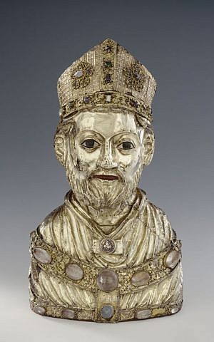 Büstenreliquiar St. Blasius from the Guelph Treasure, Braunschweig, 2nd (?) Quarter of the 14th Century, silver plate, gold-plated, filigree, crystal stones, pearls, enamel on silver mine; oak wood core, height 51.5 cm, width 30.8 cm, depth 19 cm, Staatliche Museen zu Berlin (photo credit: courtesy SPK)
