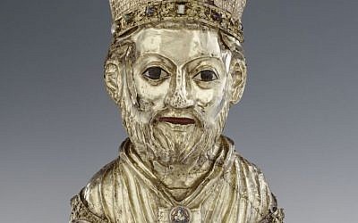 Büstenreliquiar St. Blasius from the Guelph Treasure, Braunschweig, 2nd (?) Quarter of the 14th Century, silver plate, gold-plated, filigree, crystal stones, pearls, enamel on silver mine; oak wood core, height 51.5 cm, width 30.8 cm, depth 19 cm, Staatliche Museen zu Berlin (photo credit: courtesy SPK)