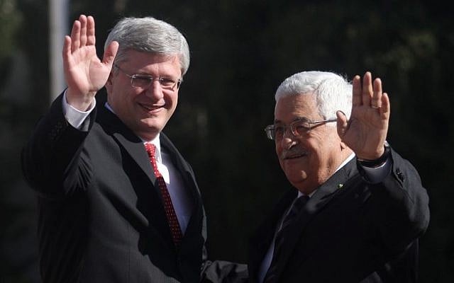 Canadian Prime Minister Stephen Harper with Palestinian Authority President Mahmoud Abbas during the welcome ceremony in the West Bank city of Ramallah, January 20, 2014 (photo credit: Issam Rimawi/Flash90) Canadian Prime Minister Stephen Harper with Palestinian Authority President Mahmoud Abbas during the welcome ceremony in the West Bank city of Ramallah, January 20, 2014 (photo credit: Issam Rimawi/Flash90)