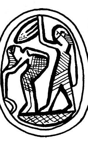 Sketching of Canaanite scarab from Tel el-Far'a showing a man approaching a woman from behind. (photo courtesy of Dr. Daphna Ben Tor, Curator of Egyptian Archaeology at The Israel Museum) 