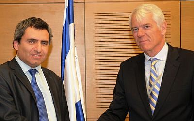 EU Ambassador to Israel Lars Faaborg-Andersen, right, with Deputy Foreign Minister Ze'ev Elkin meet in Jerusalem, January 22, 2014 (photo credit: Noa Arad/MFA)