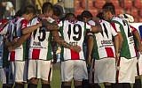 Chile's Palestino soccer team and their jerseys, which replace the numeral 1 with an outline of the entirety of Israel, the West Bank and Gaza. (photo credit: Facebook/Club Deportivo Palestino)