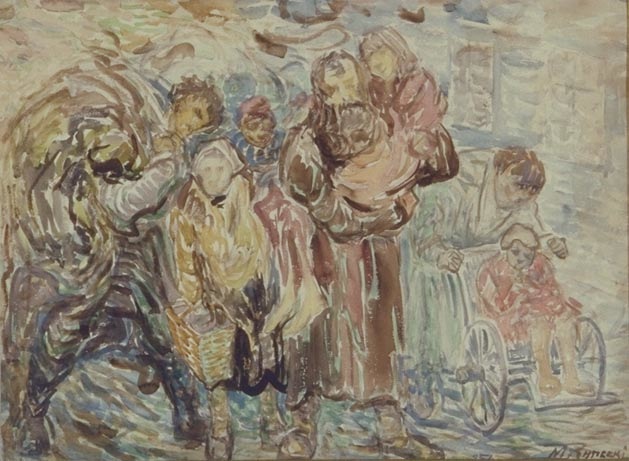 'Refugees,' 1939, depicts life inside the Warsaw Ghetto. It is at Yad Vashem in its permanent collection. 42 x 57 cm., watercolor sketch, gift of the Rynecki family