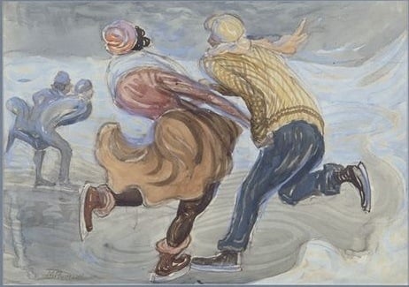 Ice Skaters, No date, Watercolor, 35x50 cm (Image courtesy of the Rynecki family)