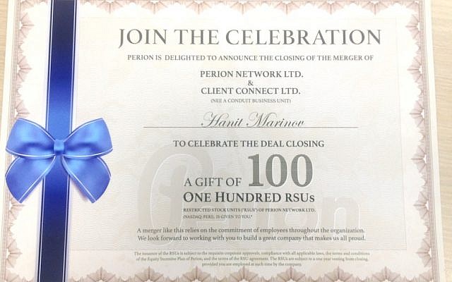 A copy of the stock certificate awarded to the new Perion employees (Photo credit: Courtesy)