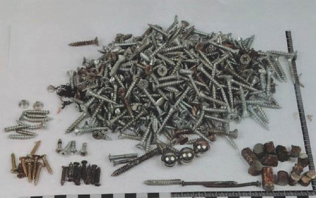 The screws and nails, much like in Boston, were added to increase the killing and maiming range of the explosive (Photo credit: courtesy: Shin Bet) The screws and nails, much like in Boston, were added to increase the killing and maiming range of the explosive (Photo credit: courtesy: Shin Bet)