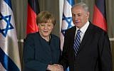 German Chancellor Angela Merkel (left) shakes hands with Prime Minister Benjamin Netanyahu after arriving in Jerusalem on February 24, 2014. (Sebastian Scheiner/AFP)