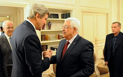 John Kerry, left, with Mahmoud Abbas in Paris, France, on February 19, 2014. (photo credit: US State Department) John Kerry, left, with Mahmoud Abbas in Paris, France, on February 19, 2014. (photo credit: US State Department)