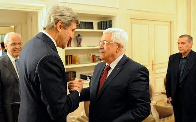 John Kerry, left, with Mahmoud Abbas in Paris, France, on February 19, 2014. (photo credit: US State Department) John Kerry, left, with Mahmoud Abbas in Paris, France, on February 19, 2014. (photo credit: US State Department)