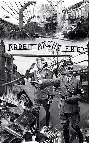 A picture circulated on Facebook on Monday, February 26, 2014, depicts Finance Minister Yair Lapid and Economy Minister Naftali Bennett as Nazis outside the gates of the Auschwitz concentration camp. (screen capture: Facebook)