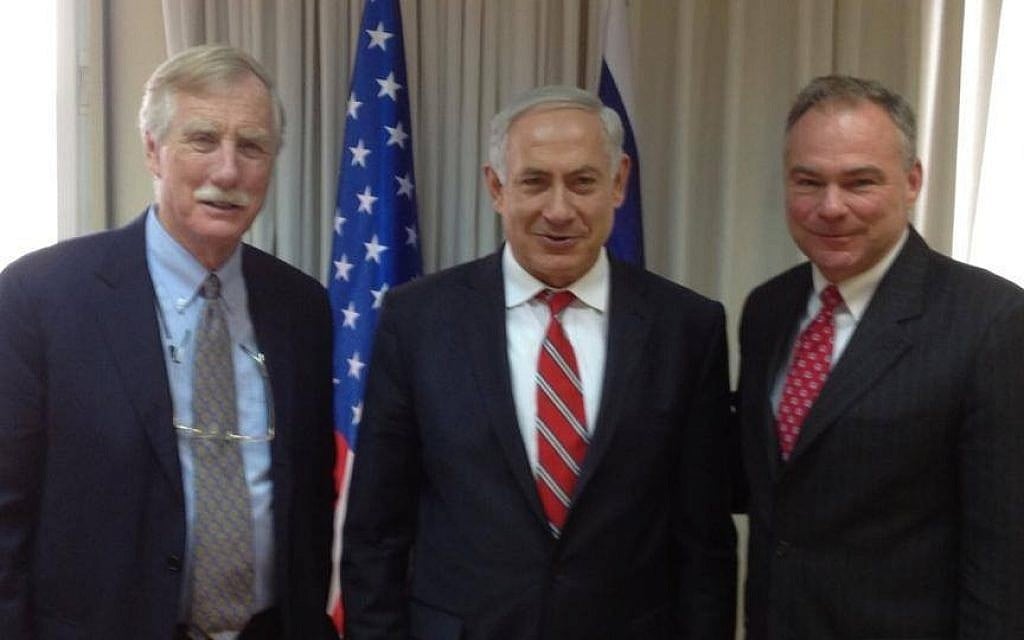 Prime Minister Benjamin Netanyahu, center, meets with Senators Angus King, left, and Tim Kaine, right, in Jerusalem in 2014 (Dan Shapiro/Facebook) Prime Minister Benjamin Netanyahu, center, meets with Senators Angus King, left, and Tim Kaine, right, in Jerusalem in 2014 (Dan Shapiro/Facebook)