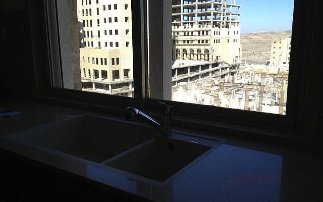 A view from the kitchen in Rawabi's model apartment (photo credit: Elhanan Miller/Times of Israel)