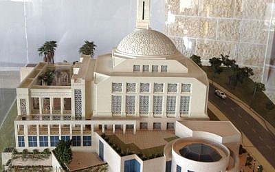 A model of Rawabi's mosque in the visitors' center (photo credit: Elhanan Miller/times of Israel)