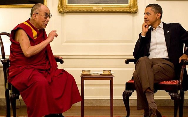 US President Barack Obama, right, and the Dalai Lama during a meeting in Washington on July 16, 2011 (photo credit: CC BY SFT HQ/Flickr) US President Barack Obama, right, and the Dalai Lama during a meeting in Washington on July 16, 2011 (photo credit: CC BY SFT HQ/Flickr)