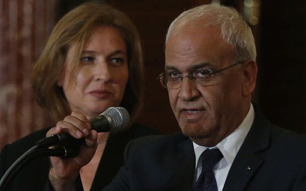 Peace negotiators Tzipi Livni and Saeb Erekat at the US State Department in Washington, July 30, 2013. (photo credit: AP/Charles Dharapak)