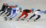 Vladislav Bykanov of Israel competing in a men's 1500m short track speedskating heat at the Iceberg Skating Palace during the 2014 Winter Olympics, Monday, Feb. 10, 2014, in Sochi, Russia. (photo credit: AP/Vadim Ghirda)