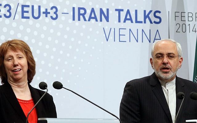 EU foreign policy chief Catherine Ashton and Iranian Foreign Minister Mohammad Javad Zarif speak to the press after closed-door nuclear talks in Vienna, Austria, on February 20, 2014. (photo credit: AP/Ronald Zak) EU foreign policy chief Catherine Ashton and Iranian Foreign Minister Mohammad Javad Zarif speak to the press after closed-door nuclear talks in Vienna, Austria, on February 20, 2014. (photo credit: AP/Ronald Zak)