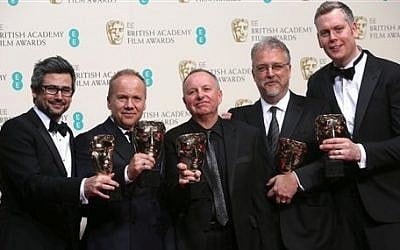From right, Christopher Benstead, Skip Lievsay, Chris Munro, Glenn Freemantle and Niv Adiri, winners of best sound pose for photographers in the winners room at the EE British Academy Film Awards held at the Royal Opera House on Sunday Feb. 16, 2014, in London. (Photo by Joel Ryan/Invision/AP) 