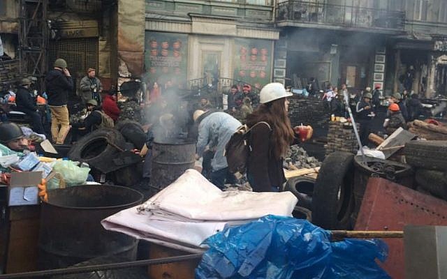 Protesters manning a barricade in downtown Kiev last month (photo credit: courtesy of JDC)