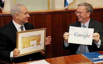 Israeli Prime Minister Benjamin Netanyahu (left) meets with executive chairman of Google, Eric Schmidt, in Jerusalem on June 19, 2012. (photo credit: Amos Ben Gershom/Flash90)