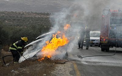 Illustrative photo of a burning vehicle (photo credit: Gershon Elinson/ Flash 90)