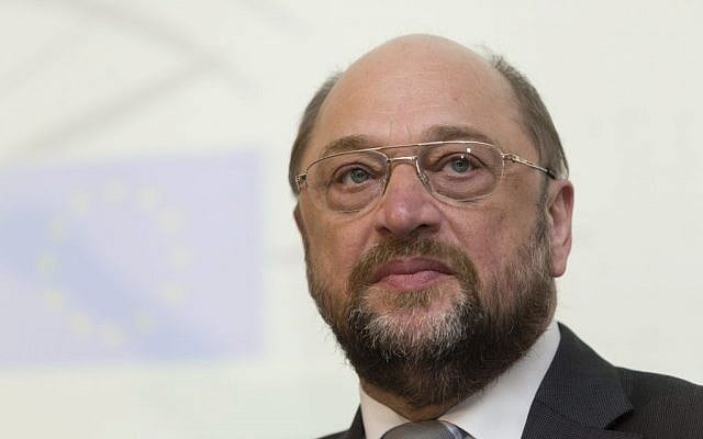 President of the European Parliament Martin Schultz is seen prior to being awarded an honorary Doctorate from the Hebrew University, during a ceremony at the Hebrew University in Jerusalem on February 11, 2014. (Photo credit: Flash90)