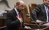 President of the European Parliament Martin Schulz addresses the Israeli parliament in Jerusalem on February 12, 2014.  (Photo credit: Flash90)