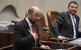 President of the European Parliament Martin Schulz gives a speech on Wednesday to the Knesset. His comment about water usage caused Knesset members to storm out of the assembly (photo credit: Flash90)