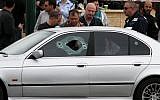The car in which 27-year old Taher Lalah was shot to death by masked gunmen in central Tel Aviv (photo credit: Roni Schutzer/Flash90)
