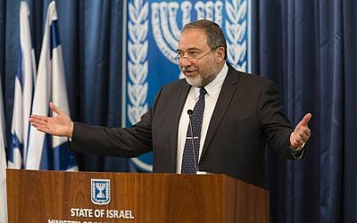 Foreign Minister Avigdor Lieberman speaks during a session of the Conference Of Presidents of Major American Jewish Organizations, held at the Ministry of Foreign Affairs in Jerusalem, on February 18, 2014 (Photo credit: Flash 90)