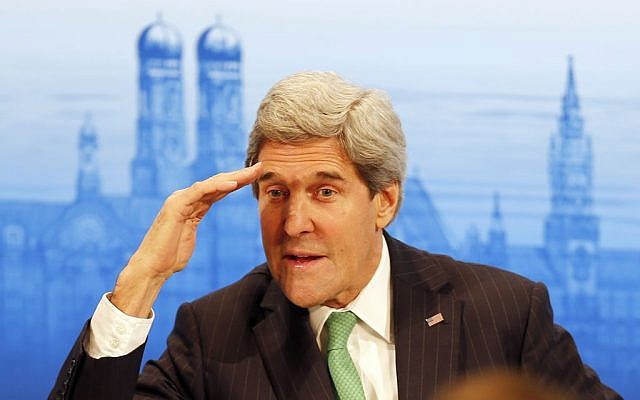 US Secretary of Foreign Affairs John Kerry salutes as he attends the 50th Security Conference in Munich, Germany, Saturday, Feb. 1, 2014. The conference on security policy takes place from Jan. 31, 2014 until Feb. 2, 2014. (photo credit: AP/Frank Augstein) US Secretary of Foreign Affairs John Kerry salutes as he attends the 50th Security Conference in Munich, Germany, Saturday, Feb. 1, 2014. The conference on security policy takes place from Jan. 31, 2014 until Feb. 2, 2014. (photo credit: AP/Frank Augstein)