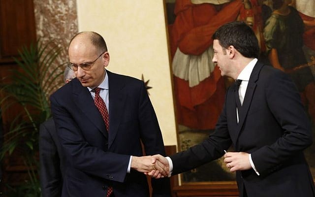 Italian outgoing Premier Enrico Letta, left, shakes hands with new Premier Matteo Renzi as he leaves after handing him over the cabinet minister bell during the handover ceremony at Chigi Palace Premier's office, in Rome, Saturday, Feb. 22, 2014. (photo credit: AP/Riccardo De Luca) Italian outgoing Premier Enrico Letta, left, shakes hands with new Premier Matteo Renzi as he leaves after handing him over the cabinet minister bell during the handover ceremony at Chigi Palace Premier's office, in Rome, Saturday, Feb. 22, 2014. (photo credit: AP/Riccardo De Luca)