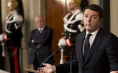 Italian Democratic Party's leader Matteo Renzi talks to journalists at the Quirinale presidential palace in Rome after talks with Italian President Giorgio Napolitano, Monday, Feb. 17, 2014. (photo creditAP Photo/Alessandra Tarantino)