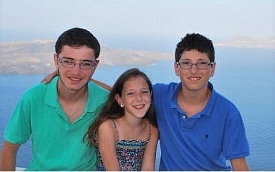 Zakary, Elyse and Ethan Kadish on a family vacation to Greece in 2012, before Ethan's brain injury. (Courtesy Kadish family/JTA)