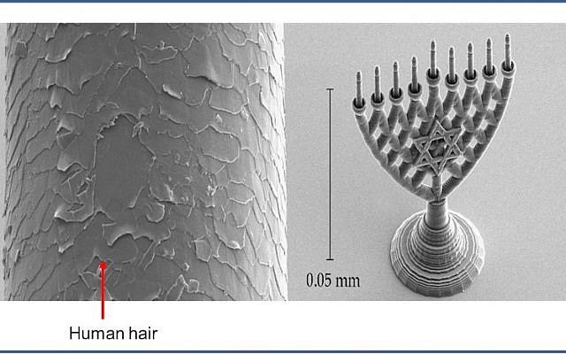 A nano-sized menorah, created by Hebrew University student Yossi Kabesa. In December, Kabesa won the Singapore Challenge gold medallion and a $100,000 cash prize for his achievement (Photo credit: Courtesy) A nano-sized menorah, created by Hebrew University student Yossi Kabesa. In December, Kabesa won the Singapore Challenge gold medallion and a $100,000 cash prize for his achievement (Photo credit: Courtesy)