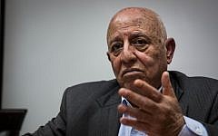 PLO official Ahmed Qurei speaks to journalists at his office in Abu Dis, east of Jerusalem, February 19, 2014 (photo credit: courtesy/Steffen Jensen)