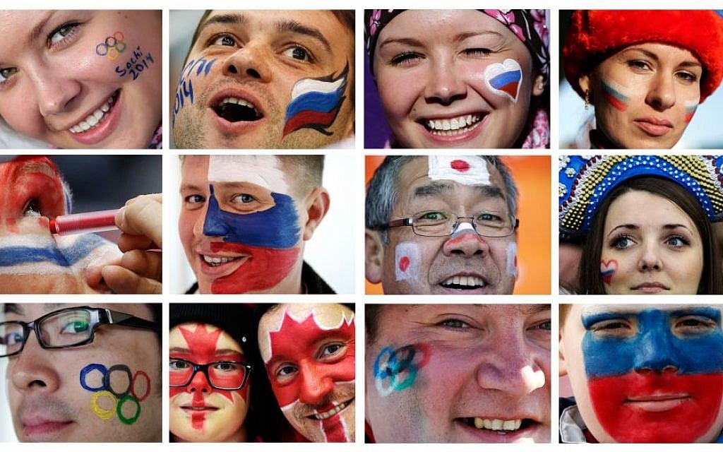 In this combination of photos taken between Feb. 9 and Feb. 13, 2014, spectators at the 2014 Winter Olympics in Sochi, Russia, show their national pride with face paint. (photo credit: AP Photo) In this combination of photos taken between Feb. 9 and Feb. 13, 2014, spectators at the 2014 Winter Olympics in Sochi, Russia, show their national pride with face paint. (photo credit: AP Photo)