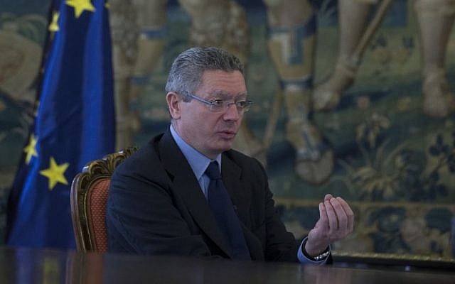 Spain's Justice Minister Alberto Ruiz Gallardon speaks during an interview in Madrid, Spain, February 13, 2014. (photo credit: AP Photo/Paul White)