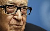 UN-Arab League envoy for Syria Lakhdar Brahimi at a press conference during the Geneva II negotiations at the European headquarters of the UN, in Geneva, Switzerland, on Thursday, February 13, 2014 (photo credit: AP/Valentin Flauraud)