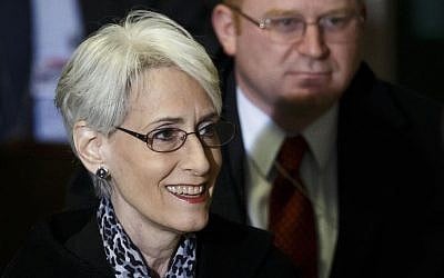 United States Under Secretary of State for Political Affairs Wendy Sherman, left, arrives for a trilateral meeting with UN-Arab League envoy for Syria Lakhdar Brahimi and Russian Deputy Minister of Foreign Affairs Gennady Gatilov (not pictured) during the second round of negotiations between the Syrian government and the opposition at the European headquarters of the United Nations, in Geneva, Switzerland, Thursday, Feb. 13, 2014. (photo credit: AP/Keystone, Valentin Flauraud) 