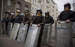 Protesters stand guard in front of presidential administrative building in central Kiev, Ukraine, on Saturday, February 22, 2014.  (photo credit: AP/Darko Bandic)