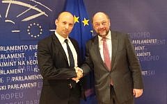 Economy Minister Naftali Bennett and President of the European Parliament Martin Schulz meeting in Brussels, February 19, 2014. (photo credit: Courtesy Naftali Bennett's office)