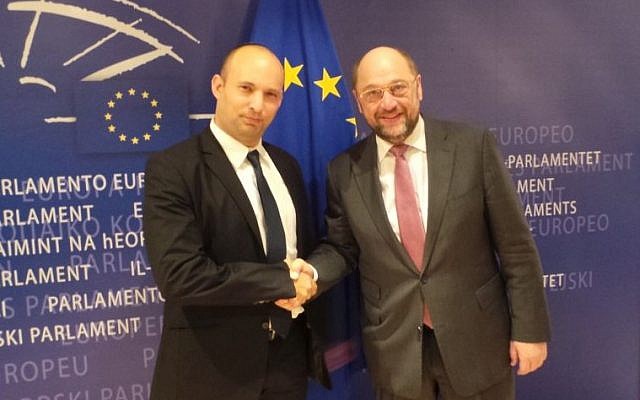 Economy Minister Naftali Bennett and President of the European Parliament Martin Schulz meeting in Brussels, February 19, 2014. (photo credit: Courtesy Naftali Bennett's office) Economy Minister Naftali Bennett and President of the European Parliament Martin Schulz meeting in Brussels, February 19, 2014. (photo credit: Courtesy Naftali Bennett's office)