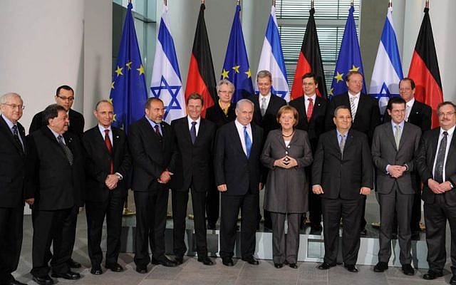The German and Israeli cabinet pose for a group photo at the Chancellery in Berlin on January 18, 2010.Netanyahu arrived in Berlin with top Israeli ministers to hold a historic joint cabinet meeting. (photo credit: Moshe Milner/GPO/Flash90) The German and Israeli cabinet at the Chancellery in Berlin, January 18, 2010.(photo credit: Moshe Milner/GPO/Flash90)
